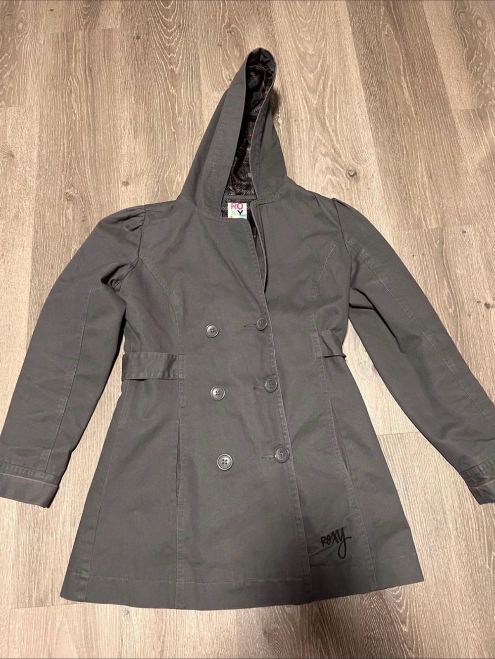 Roxy Women's Hooded Double-Breasted Coat in Charcoal Gray